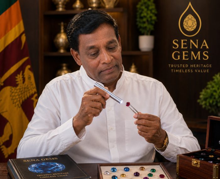 ලූප් එළියකින් රතු මැණිකක් පරීක්ෂා කරන සේන මැණික් මහතා